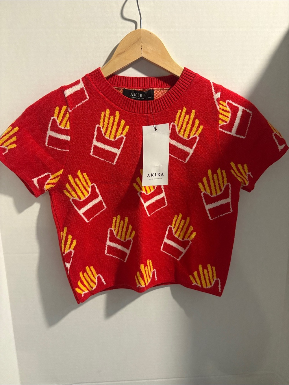 AKIRA Red Short Sleeve Knit Top with Yellow French Fry Motif